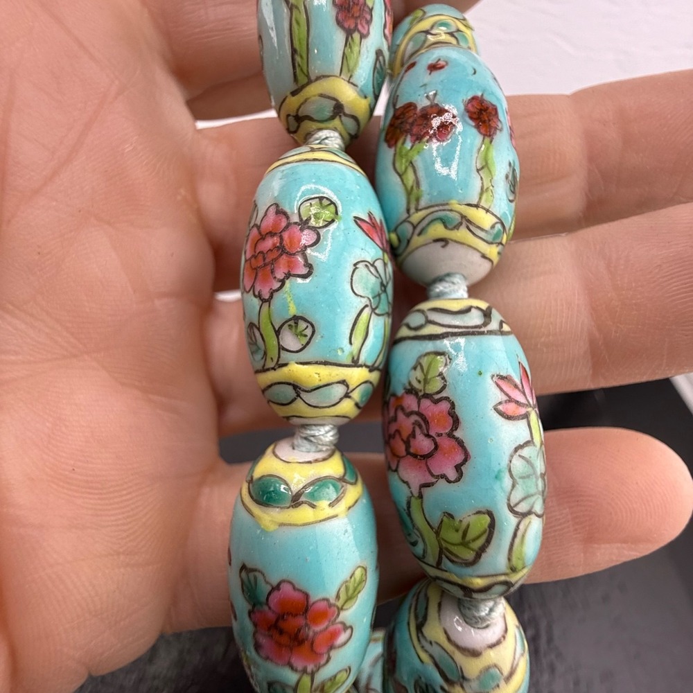 Vintage Chinese Export  Porcelain Necklace Beaded Blue Pink Flower 24”